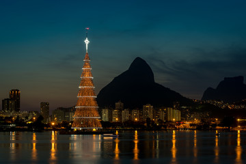 Christmas Tree in the middle of Rodrigo de Freitas lagoon in Rio de Janeiro city, Brazil