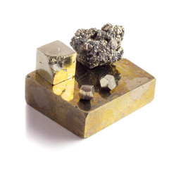 Several types of natural pyrite cube and druze on white background isolated
