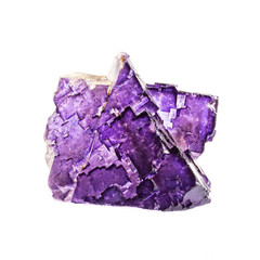 Natural two-color white-purple fluorite crystal on white background isolated