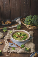 Homemade broccoli soup, fresh vegetable in and crispy croutons