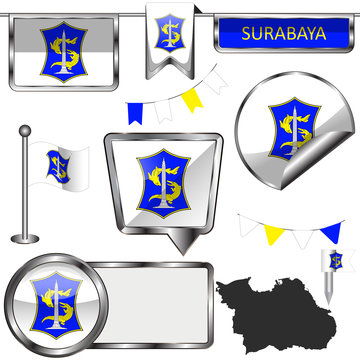 Glossy icons with flag of Surabaya, Indonesia