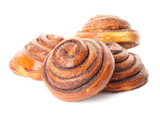 Freshly baked cinnamon rolls on white background