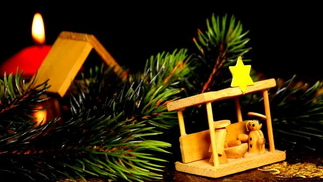 Crib, Christmas decoration with figures and gifts on turn table