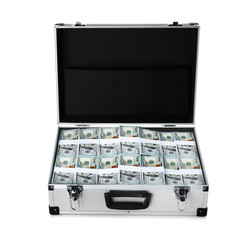 Open suitcase full of money on white background