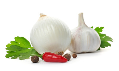 Garlic, onion, chili pepper, allspice and parsley on white background