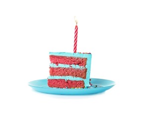 Slice of fresh delicious birthday cake with candle on white background