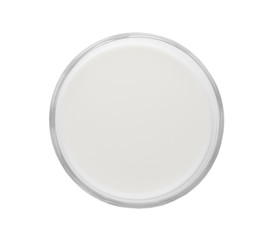 Glass with fresh milk isolated on white, top view