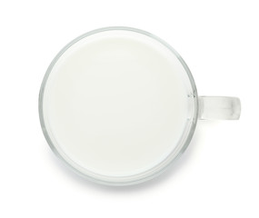 Glass cup with fresh milk on white background, top view