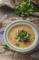 Creamy mushroom soup with fresh herbs garlic croutons