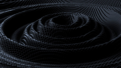 black background of hexagons of different heights, radial waves, side lighting. Technological background.3d Rendering.