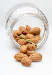 Almonds in glass jar. Isolated on white background.