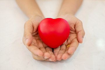 woman's hand holding red heart . selective focus.