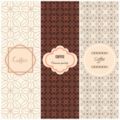 Vector set of design elements and seamless pattern for coffee packaging templates,in trendy linear style.  Can be used for label, banner, poster, identity, branding.