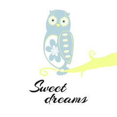 Cozy vector illustration with cute owl sitting on branch and inscription 