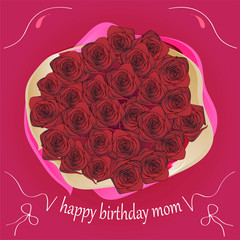 bouquet of roses and the inscription mom happy birthday, greeting card, vector
