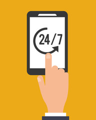 modern cellphone with 24/7 service icon image 