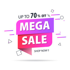 Purple pink tag Mega sale 70 percent off promotion website banner heading design on graphic white background vector for banner or poster. Sale and Discounts Concept.