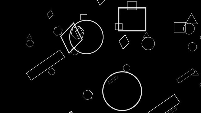 Rotating geometric white shapes: rhombus, circle, square, triangle, hexagon, parallelepiped on black Background. 