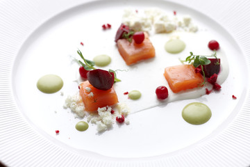 Salmon served in a restaurant specializing in molecular cuisine