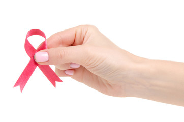 pink ribbon in hand breast cancer on white background