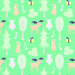 Wild forest seamless pattern. Cute animal and plant forest vector color characters on green. Sketch fox, rabbit, hare, bear, fir tree, great tit, elk, reindeer, owl in pastel blue, pink, green