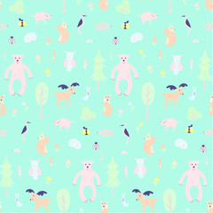 Wild forest seamless pattern. Cute animal and plant forest vector color characters on blue. Sketch fox, rabbit, hare, bear, fir tree, flowers, mushroom, great tit, hedgehog, squirrel, woodpecker, pig,