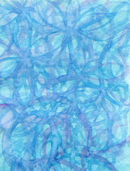 Watercolor hand drawn background, in blue colors, with texture of watercolor paper. High resolution. 600 dpi