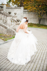 Obraz premium Beautiful bride in wedding dress near castle