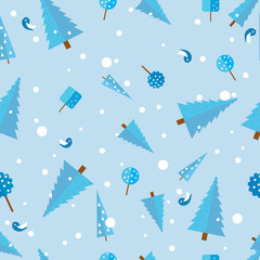 Vector seamless winter blue pattern with christmas trees and snow