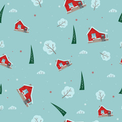Vector seamless winter blue pattern with houses, trees and snow