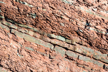 Layers of brown sedimentary rock in the side of a cliff. The rock is slanted at an angle. Closeup view.