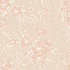 Japanese Sakura Branch and Blossoming Flowers. Classic Seamless Pattern, traditional kimono fabric, light beige pastel colors. Asian festive design with spring floral, vector illustration