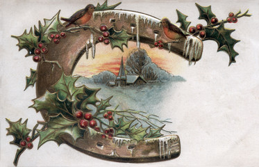 Vintage Illustration horseshoe good luck holly new years  Copy Space