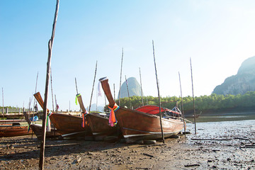 Thai Long tail boat Morning sky blue sky at Samed Nang Chee scenic spot Tropical area in Phang Nga...