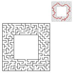 Black square maze with entrance and exit. An interesting and useful game for children. Simple flat vector illustration isolated on white background. With a place for your drawings. With the answer.