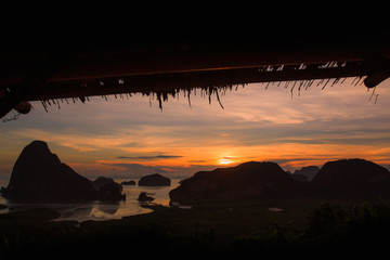 Silhouette Travel mountainous near the sea. Samed Nang Chee viewpoint, tropical area Phang Nga...