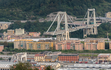 Genoa (Genova), Italy, what is left of collapsed Morandi Bridge (Polcevera viaduct) connecting A10 motorway after structural failure causing 43 casualties on August 14, 2018