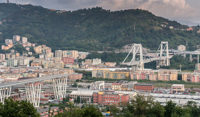 Genoa (Genova), Italy, what is left of collapsed Morandi Bridge (Polcevera viaduct) connecting A10 motorway after structural failure causing 43 casualties on August 14, 2018