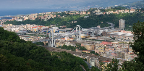 Genoa (Genova), Italy: Aerial view of Morandi bridge (Polcevera viaduct) connecting A10 motorway before the tragic collapse on August 14 2018. How it looked like before the disaster