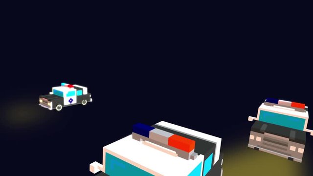 Voxel Animation: Police Car Squad Races Across Highway W/ Lights Flashing, Night