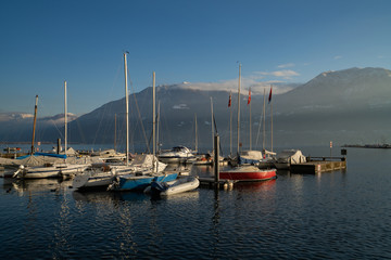 Fototapeta na wymiar boats in harbor of Locarno, Switzerland
