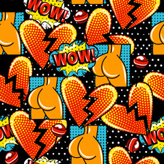 Sexy and funny pattern in style pop art with big booty, hurts and lollipops. Wow background.