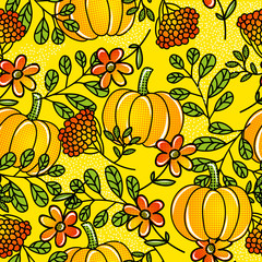 Hello autumn. Yellow seamless pattern with pumpkin, leaves, flowers and berries. Pop art background with fruits and nature elements.