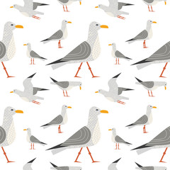 Obraz premium Cute hand drawn sea gull seamless pattern. Childlike flat vector background. Quirky seagulls sea life design element. Simple modern geometric style, textured shape illustration for fabric, wallpaper