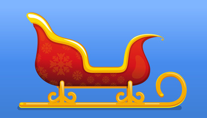 Santa Claus Christmas sleigh. Flat style red and gold colored Santa sleigh. Christmas icon. Vector illustration