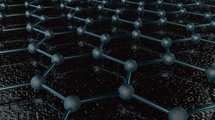 3D illustration of a crystal lattice of graphene, carbon molecule, superconductor of the future on a dark background. Abstraction, the idea of 3D nanotechnology rendering with depth of field