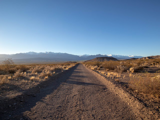 Mountain green valley road landscape evening. Mountain valley road panorama. Evening sunlight in mountain valley road view