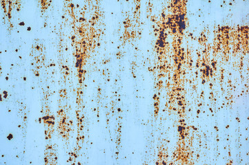 Old metal shield painted blue paint with rust.