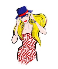 A blond woman in a blue hat.