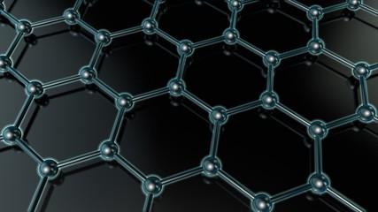 3D illustration of a glowing crystal lattice of graphene, carbon molecule, superconductor, material of the future, on a dark background. The idea of nanotechnology. 3D rendering
